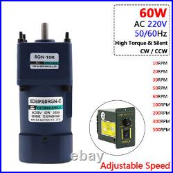 60W AC 220V Gearmotor High Torque Metal Gearbox Adjustable Speed 10RPM to 500RPM