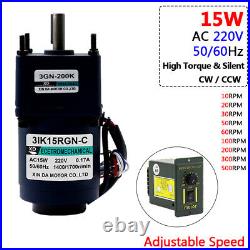 AC 220V 15W Metal Gearbox Gearmotor Adjustable Speed High Torque 10RPM to 500RPM